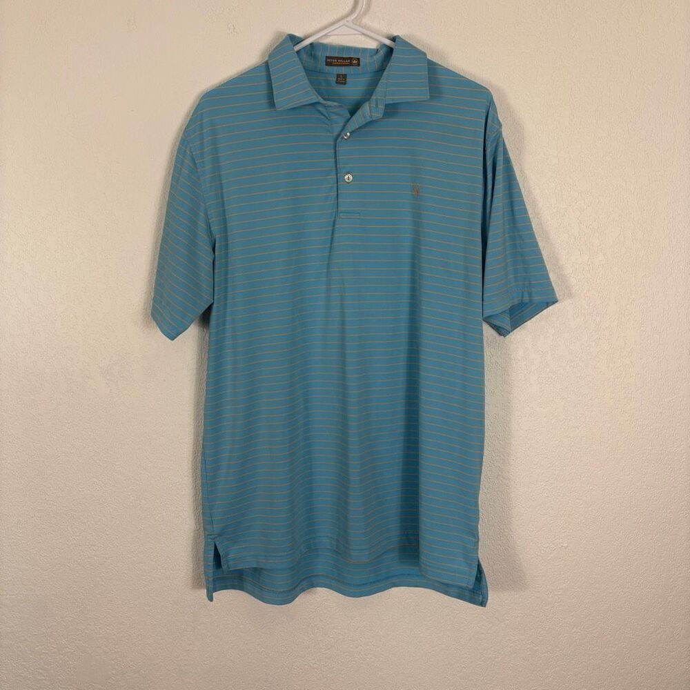 Peter Millar Blue w/ Yellow Striped Collared Short Sleeve Polo Top Men's L